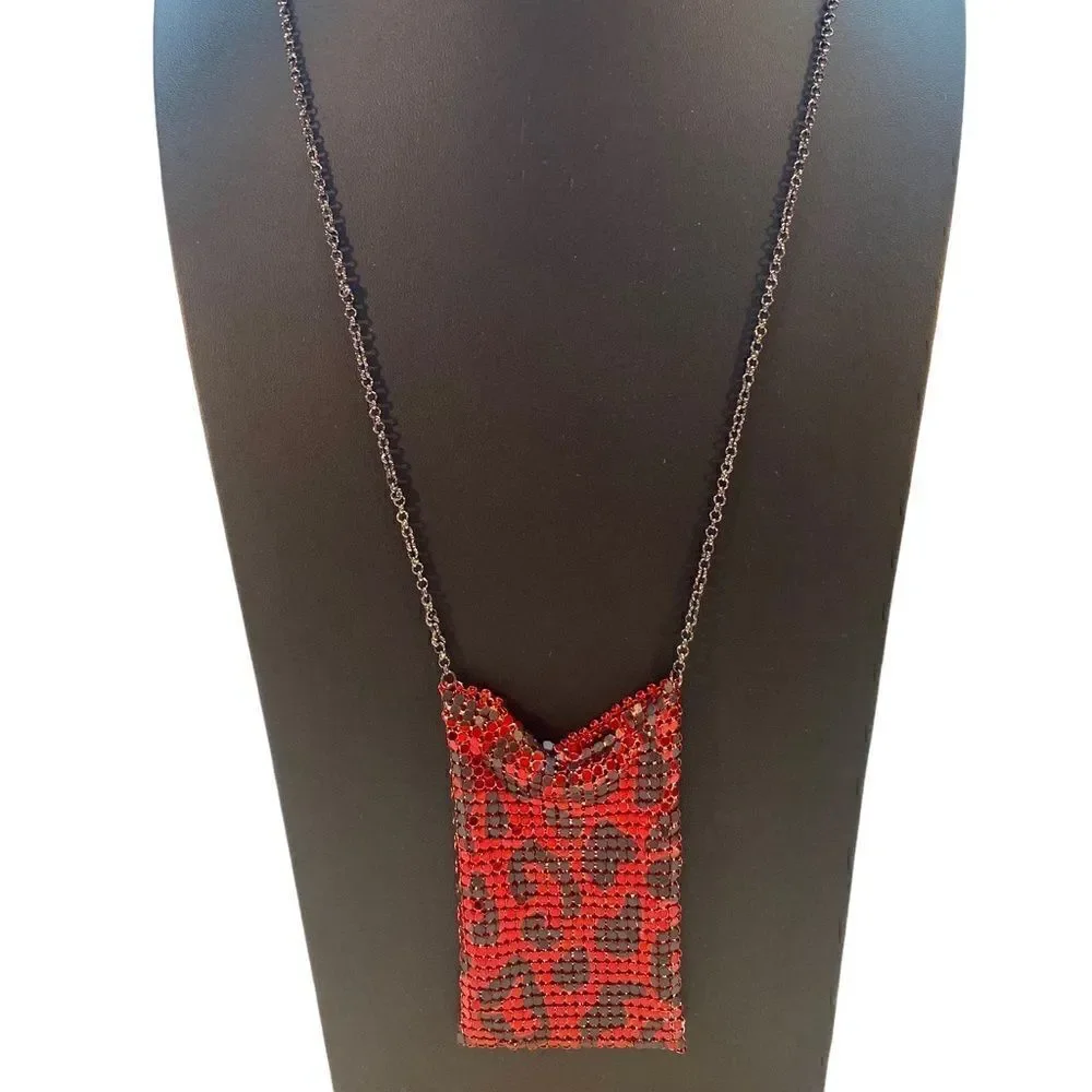 Betsey Johnson Red & Black Leopard Chainmaille Neck Purse.